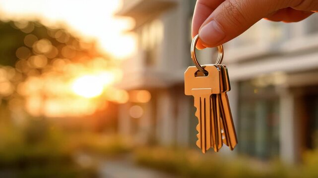 House key held by hand with blurred residential building and warm sunset background scene - Powered by Adobe