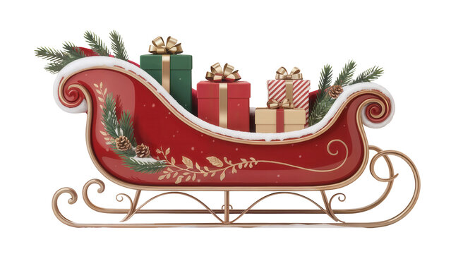 Festive red santa sleigh overflowing with beautifully wrapped christmas presents and green pine branches isolated on transparent background