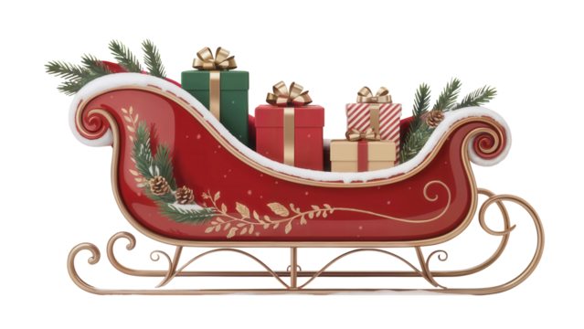 Festive red santa sleigh overflowing with beautifully wrapped christmas presents and green pine branches isolated on transparent background