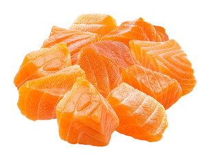 heap of fresh raw salmon cubes, finely diced portions stacked together, highlighting the rich orange color and meaty texture on black.