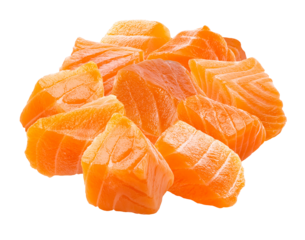 heap of fresh raw salmon cubes, finely diced portions stacked together, highlighting the rich orange color and meaty texture on black.
