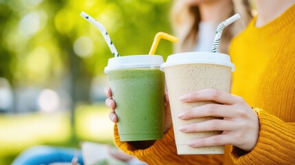 Two Women Holding Smoothies Outside: Close-up of Green and Beige Smoothies with Straws, Healthy Lifestyle, Refreshing Drinks