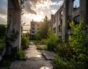 Fototapeta premium A derelict, decaying concrete structure overgrown with vegetation stands beneath a dramatic, sunlit sky. Evidence of past life in ruins