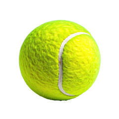 Bright yellow tennis ball with white stripe, isolated on a black background