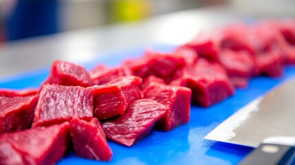 Freshly sliced beef pieces prepared for cooking in a kitchen setting