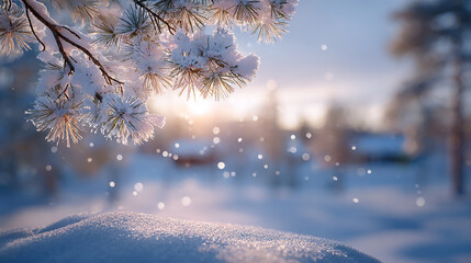 A close up of snow covered pine branches glowing softly under warm sunlight in a peaceful winter forest scene