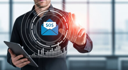 Businessman Tapping Virtual Screen with Money Message Icon for Financial Assistance or Digital Banking