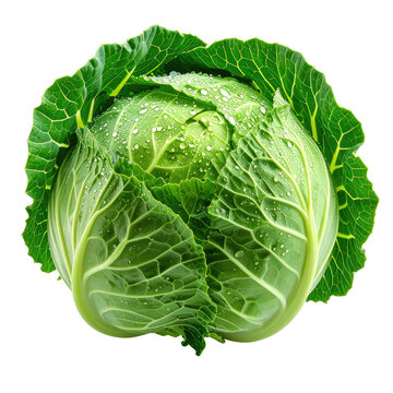 A vibrant green cabbage head, showcasing fresh leaves with water droplets