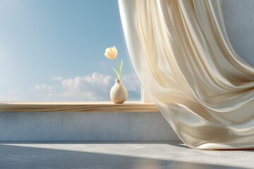 Minimalist Window with Ivory Silk Curtain Pale Yellow Tulip in Ceramic Vase Soft Morning Light Blue Sky Wispy Clouds for Posters Banners Invitations