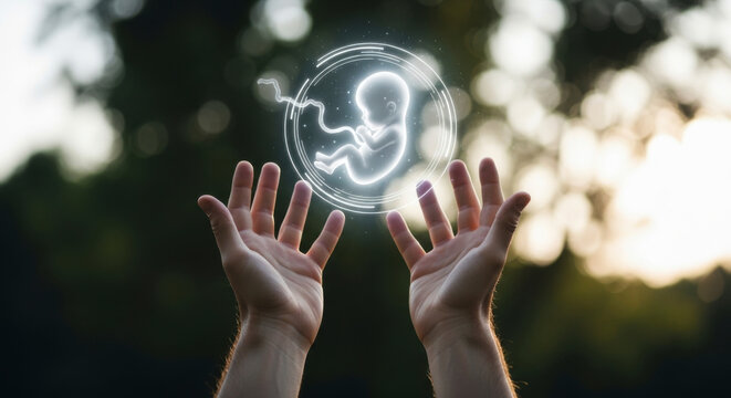 Human Hands Holding Glowing Digital Embryo Projection Against Natural Green Background - Powered by Adobe