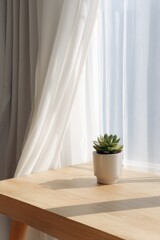 Minimalist Home Office with Flowing Silk Curtain, Wooden Desk, Potted Succulent, and Morning Light