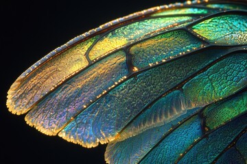 This macro image captures an insect wing's iridescent beauty. Shimmering gold, green, and blue hues illuminate intricate structural patterns against a deep, dark background.