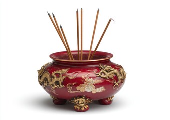 Red incense burner with dragons and sticks