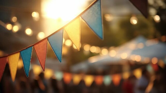 Colorful Triangular Bunting Flags And String Lights With Golden Hour Sunburst Bokeh Effect In An Outdoor Gathering With Blurred Silhouettes Of People And Tents In The Background