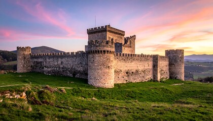 A majestic stone castle stands silhouetted against a colorful sunset sky. It has turrets, walls & a grassy hill