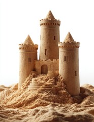 Detailed sandcastle, three towers,  castle-like structure on sand pile,  isolated