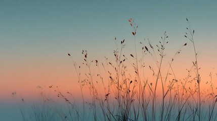 Obraz premium Minimalist artistic silhouette of meadow grass abstract patterns glowing surreal pastel horizon