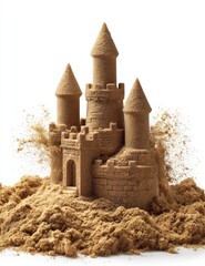 A sandcastle, intricately detailed with turrets and a gateway, is collapsing in a cloud of sand against a white background