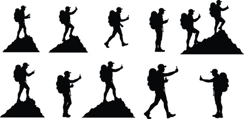 Silhouette of hikers with backpacks on mountain peaks, outdoor trekking adventure vector illustration, travel exploration design, nature climbing artwork collection