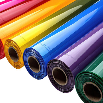 Colorful rolls of shiny vinyl material, rainbow assortment in various colors