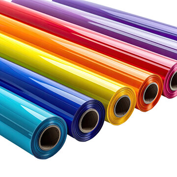 Rolls of colorful vinyl sheets, a rainbow array, glossy and vibrant, isolated