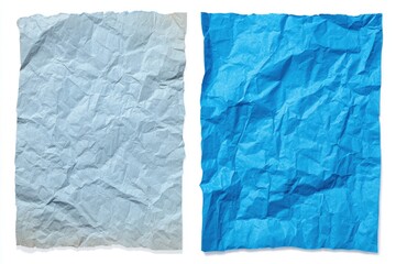 Two crumpled sheets of paper, one light blue-gray, the other vibrant blue, isolated on a white background.  Crinkled textures dominate each sheet
