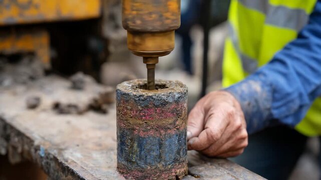 The image showcases a worker using a drilling rig to extract a sediment core from a rocky surface, illustrating the importance of geological exploration and research in understanding earth.
