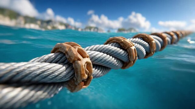 Ocean Rope: A close-up view of a weathered rope, stretching across the ocean surface under a partly cloudy sky, highlighting texture, perspective, and the vastness of the sea.