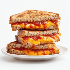 Stacked grilled cheese sandwich with tomato chutney.  Four slices of toasted bread, layered with melted cheese and a vibrant tomato chutney, sit atop a white plate against a white background