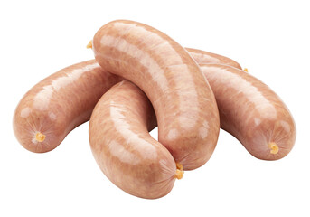 Isolated uncooked pork sausage, four raw pork sausages, wurst, meat product, german sausage