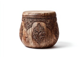 Carved wooden container.  Ornate, dark-brown wooden box with intricate floral designs.  Rounded,  bulbous shape.  Smooth,  finished surface.  Solid construction.  Isolated on white