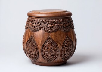 Carved wooden container with intricate floral designs.  A round,  wooden  jar  with  a  lid,  exhibits  detailed  carvings  of  floral  and  leaf  patterns.  The  wood  has  a  rich  brown  tone