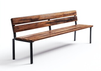Rustic wooden park bench with dark brown wood and dark metal legs