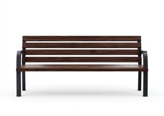 Empty wooden park bench against white background