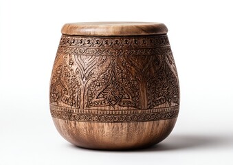 Carved wooden container with lid.  Ornate, decorative,  brown tones.  Against white background