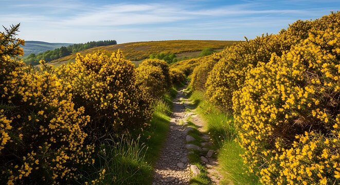 Scenic Path Through Gorse Bushes in Wicklow Mountains National Park.