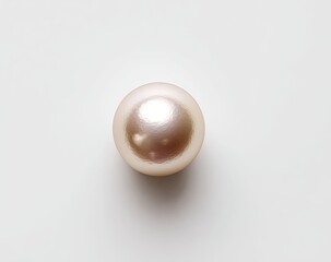 A single, round, light pinkish-cream pearl sits centered on a plain white surface.  The pearl displays subtle iridescence