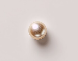 A single, lustrous pearl sits centered on a light beige background.  Its smooth, round form catches the light, displaying subtle iridescence