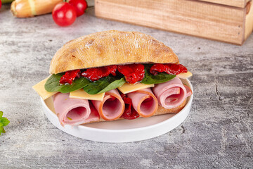 Ciabatta with mortadella, tomato, cheese and spinach