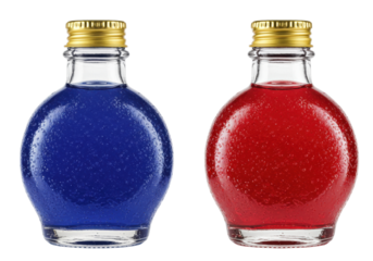 Isolated beverages in glass bottles with golden caps, fruit syrups or cocktail ingredients