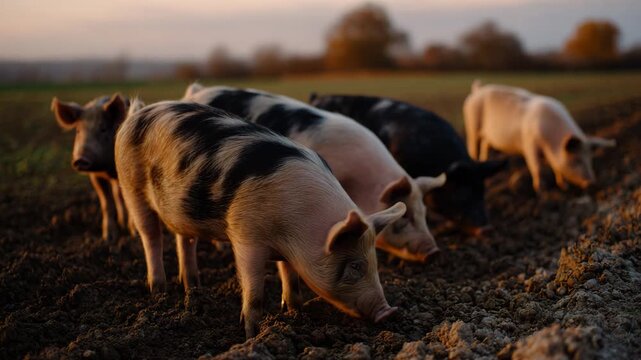 A serene scene of pigs grazing peacefully in a lush field during sunset, showcasing the connection between nature and wildlife in farm life.