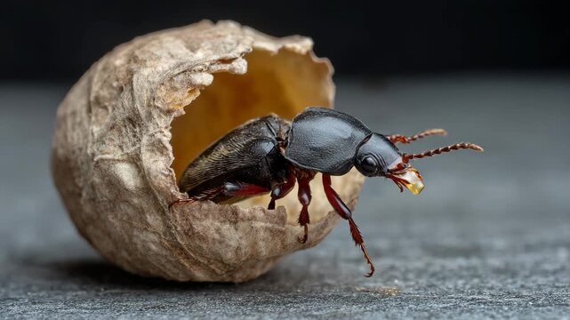 A macro shot of an insect hatching from its eggshell, showcasing the intricate details of nature's cycle and the beauty of life emerging from small beginnings.