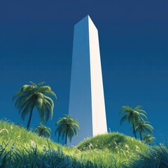 Modern obelisk amidst palm trees and lush greenery against clear blue sky