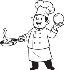 A smiling cartoon chef character in uniform holding a frying pan and an egg.