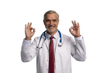 Confident mature male doctor with thumbs up on transparent