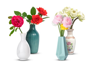 a realistic photograph of diverse colorful fresh flowers arranged beautifully in four distinct,...