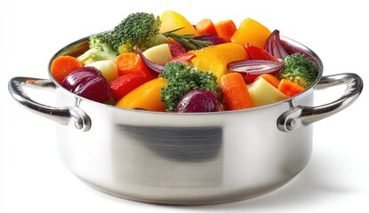 Colorful mixed vegetables in a stainless steel pot