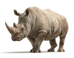 Fototapeta premium Full shot of a large, light-gray rhino. Mature, powerful, isolated against white
