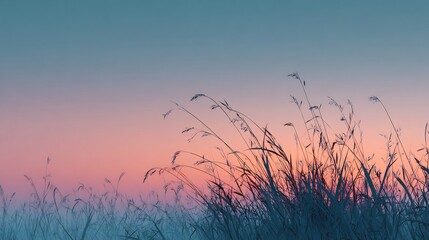 Obraz premium Minimalist artistic silhouette of meadow grass abstract patterns glowing surreal pastel horizon