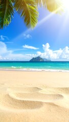 Sandy beach scene under a bright sun with palm leaves